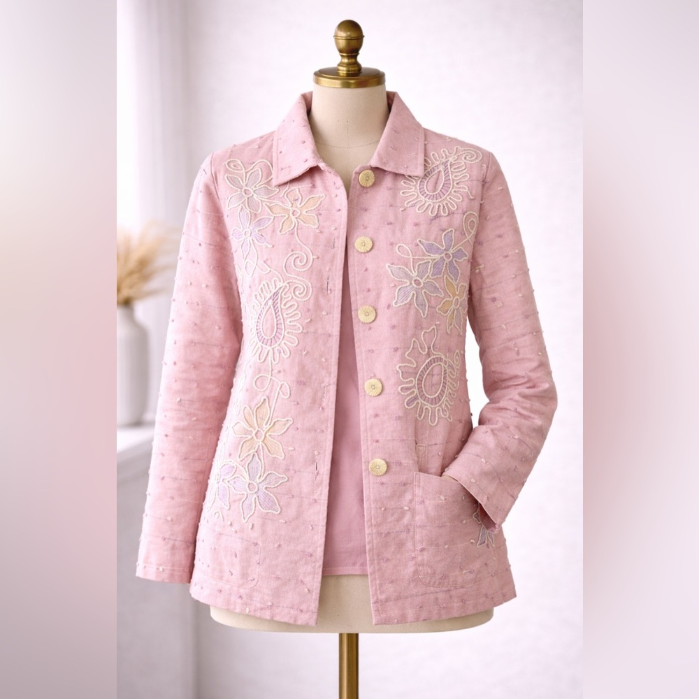Vintage 90s Cottagecore Alex Kim Embroidered Pink Artisan Floral Jacket Large - Picture 2 of 8